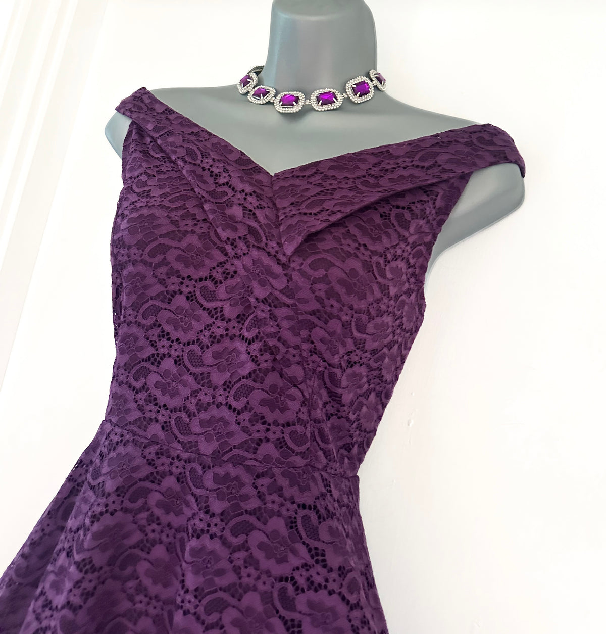 no label purple lace Bardot evening occasion a-line knee length dress M (Uk 10-12)