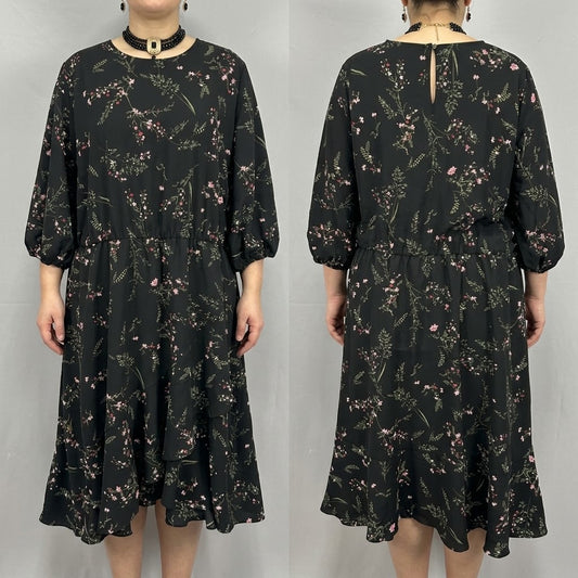 Anthology black floral elasticated waist 3/4 sleeve calf length dress size 28