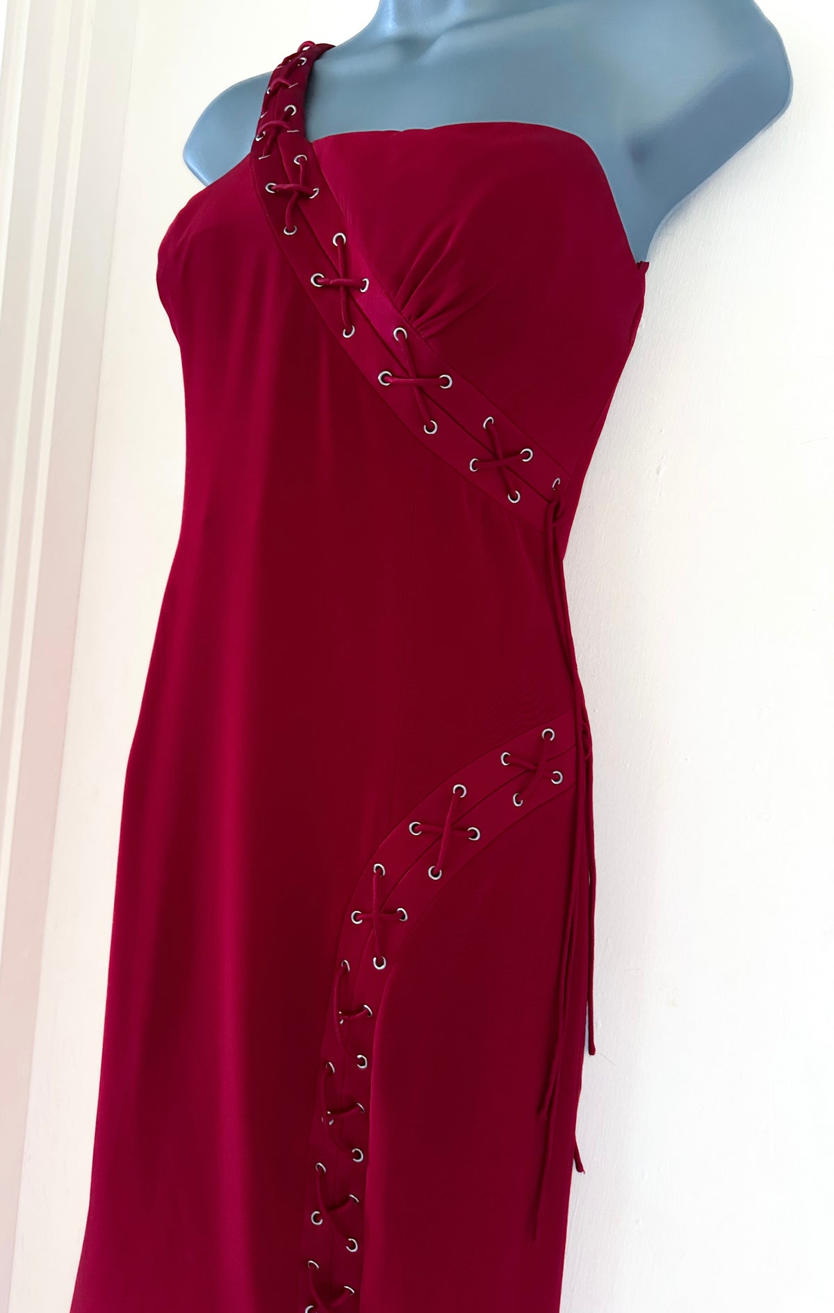 John Charles red one shoulder lace up formal occasion evening long maxi dress 12