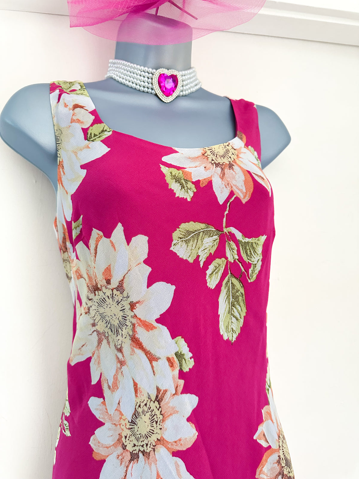 Satsuma London pink floral multi sleeveless summer holiday long maxi dress size 10