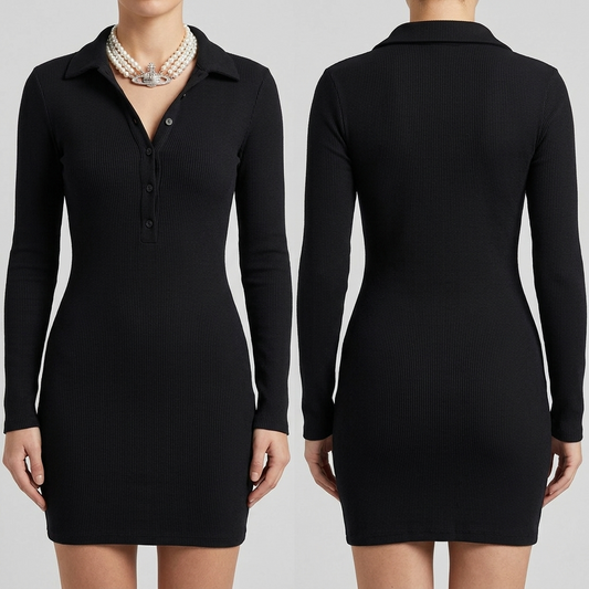 Misspap black cotton collared long short mini dress size 12