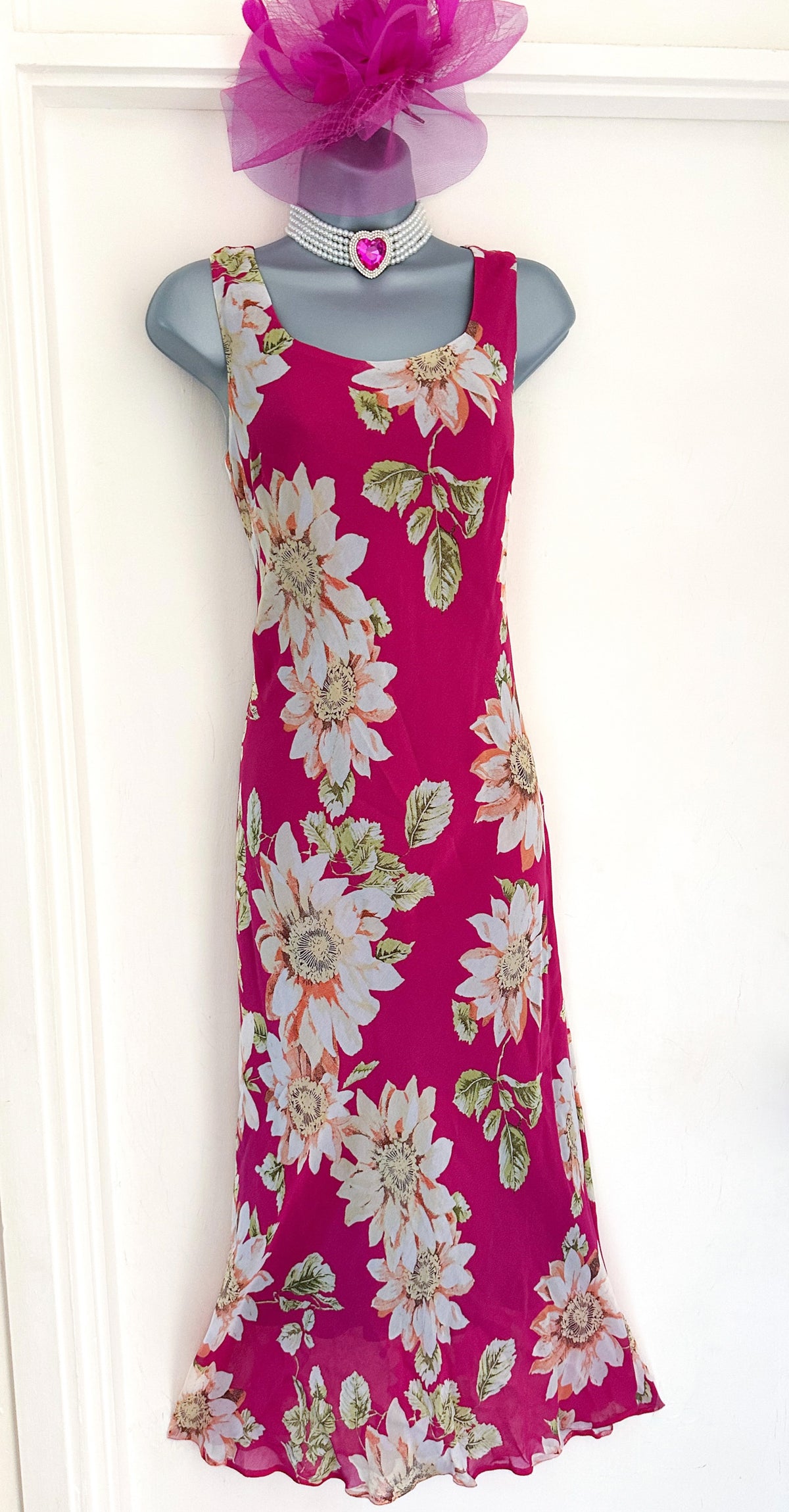 Satsuma London pink floral multi sleeveless summer holiday long maxi dress size 10