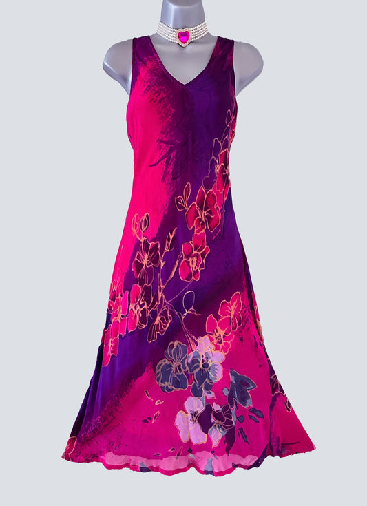 Adini pink/purple floral printed sleeveless summer boho calf length dress size M (Uk 14)