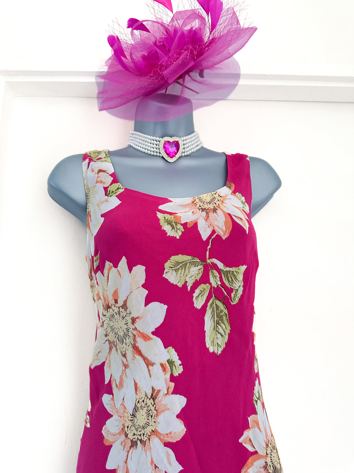 Satsuma London pink floral multi sleeveless summer holiday long maxi dress size 10