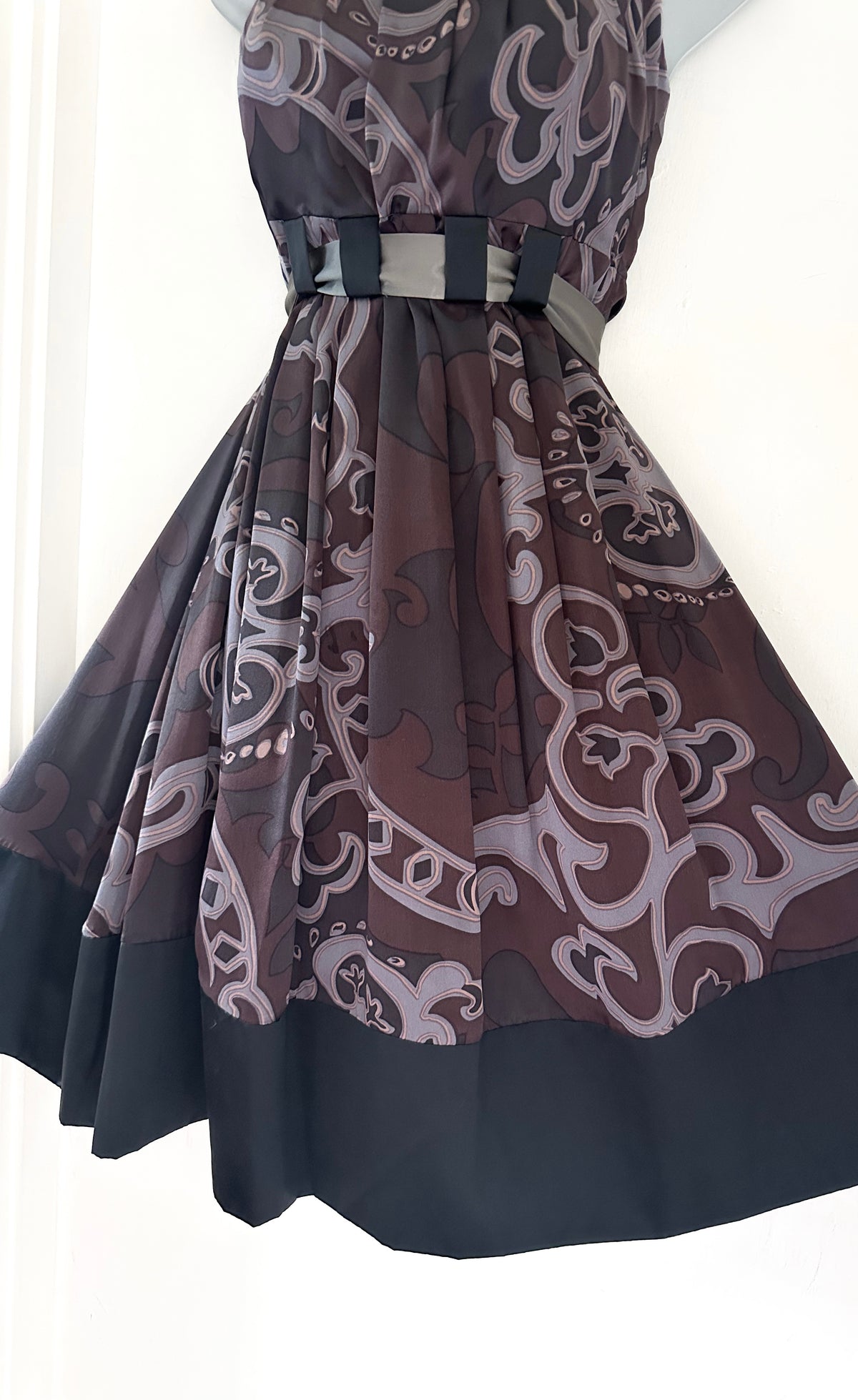 Mink Bikini 100% silk grey/brown printed belted occasion knee length dress  12