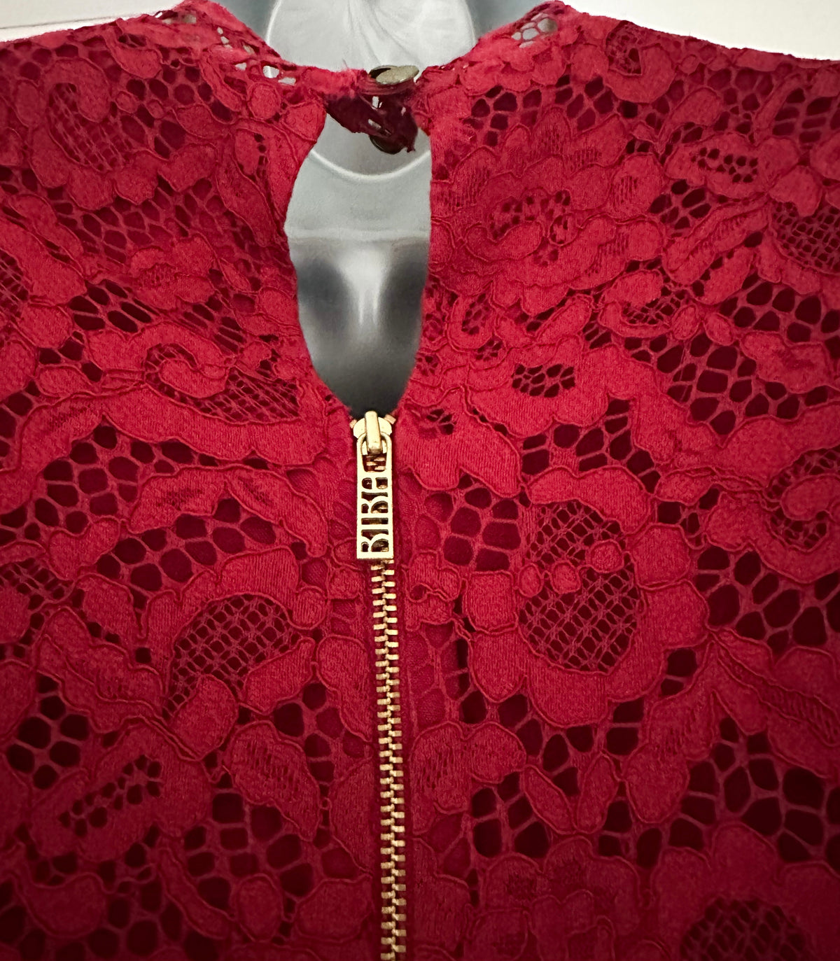 Biba dark red lace slight puff 3/4 sleeve above knee evening party dress size 10