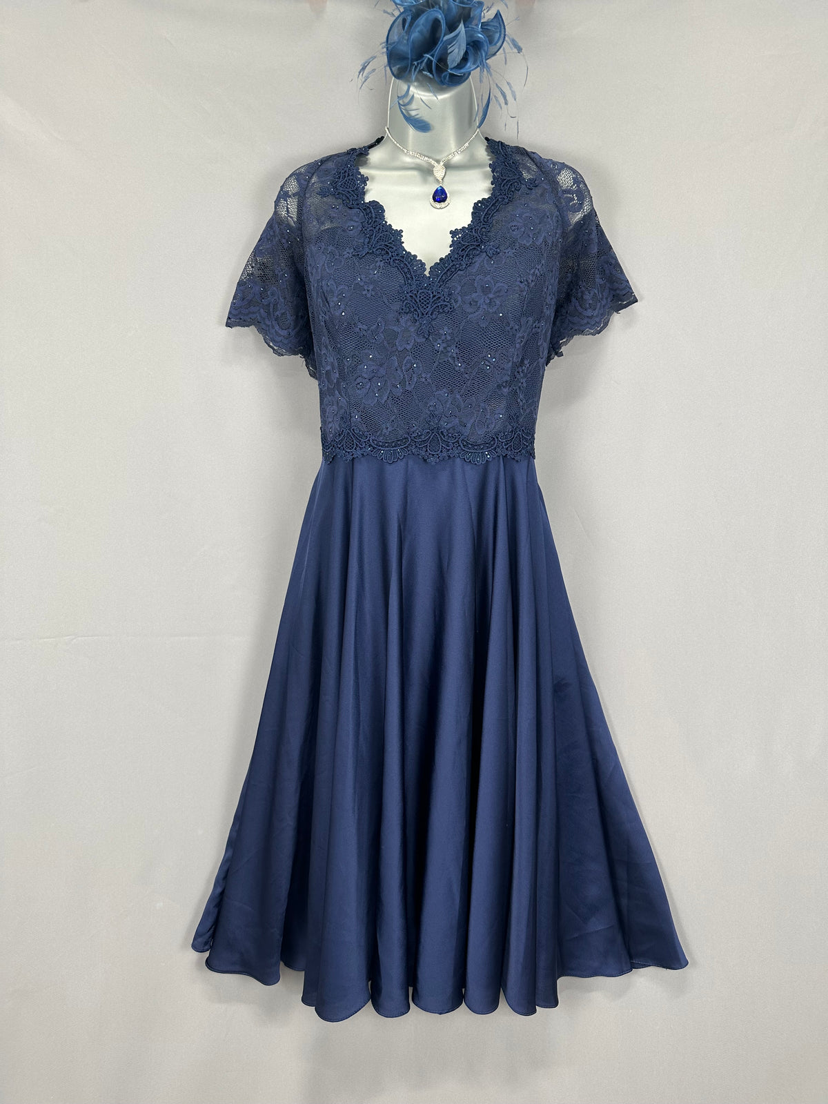 Bnwt Mascara London navy lace diamanté wedding mother of the bride/groom calf length dress 16
