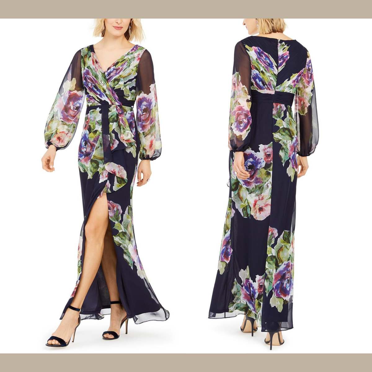 Adrianna Papell navy floral multi occasion wedding long maxi dress size 8