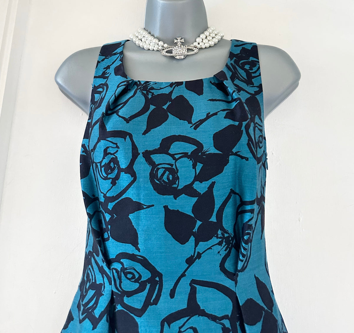 LK Bennett turquoise floral wool/silk sleeveless occasion knee length dress size 10