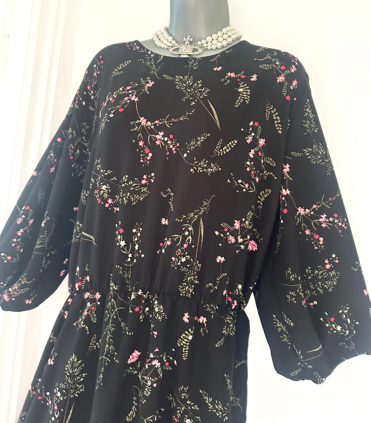 Anthology black floral elasticated waist 3/4 sleeve calf length dress size 28