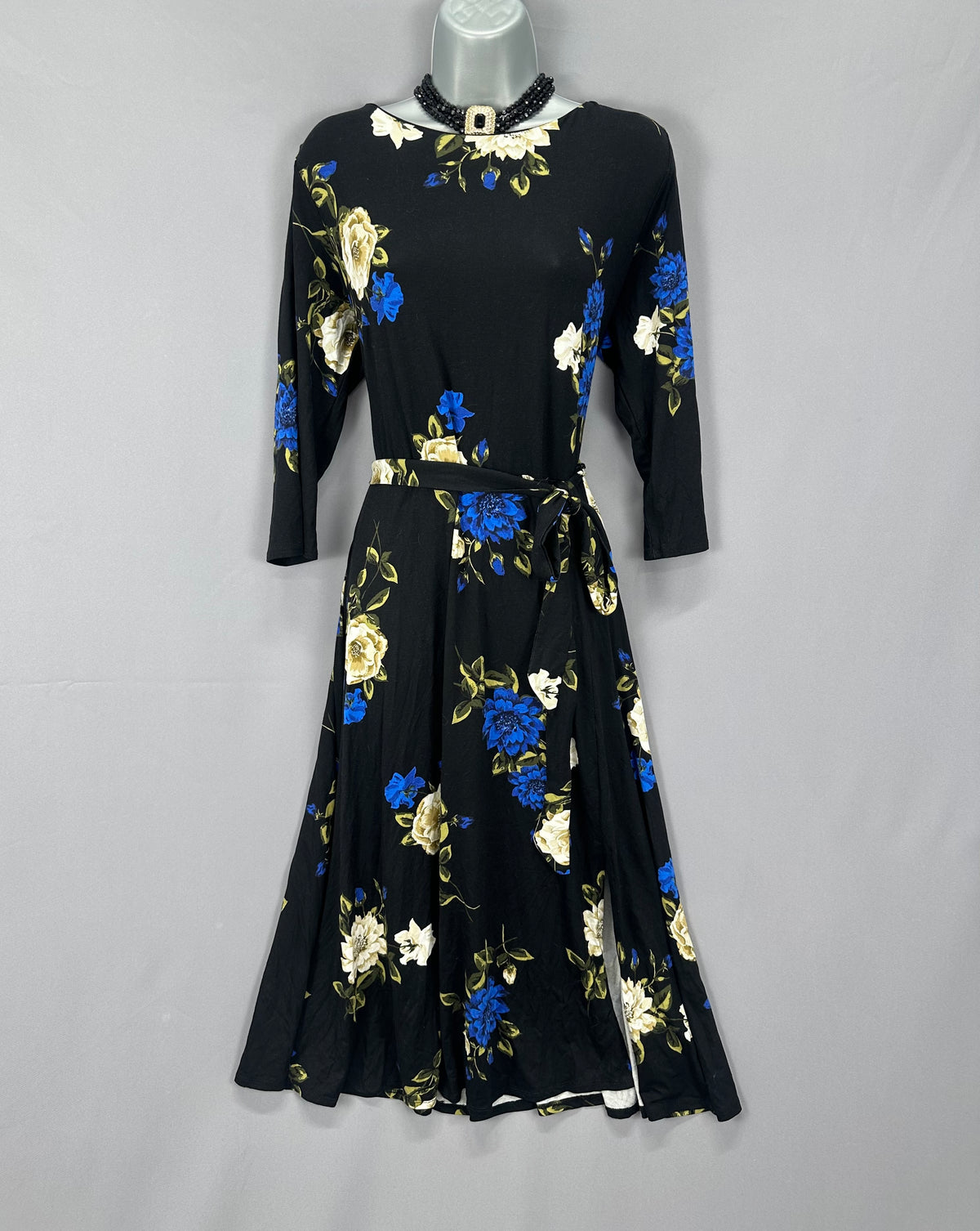Stylish Wallis black multi floral belted autumn casual calf length dress uk 16
