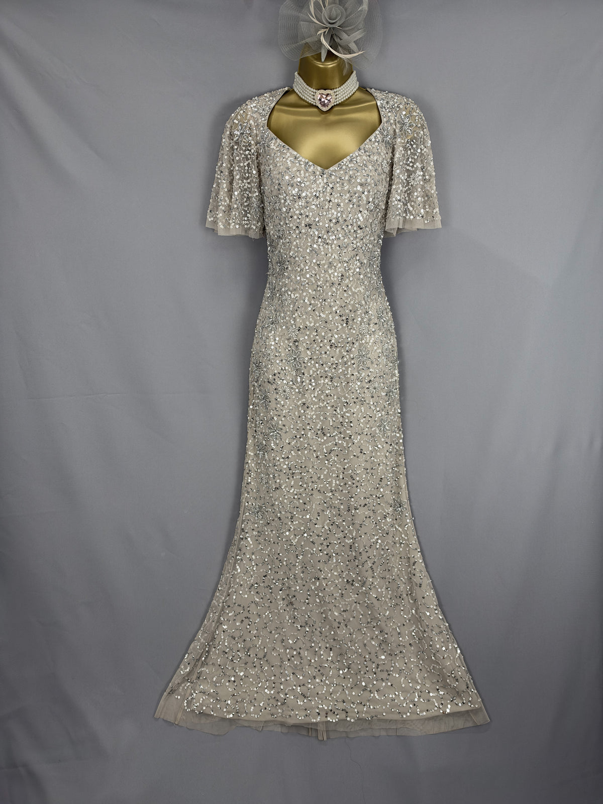 Beautiful Adrianna Papell mushroom sequin Christmas mother of the bride groom long dress uk 6-8