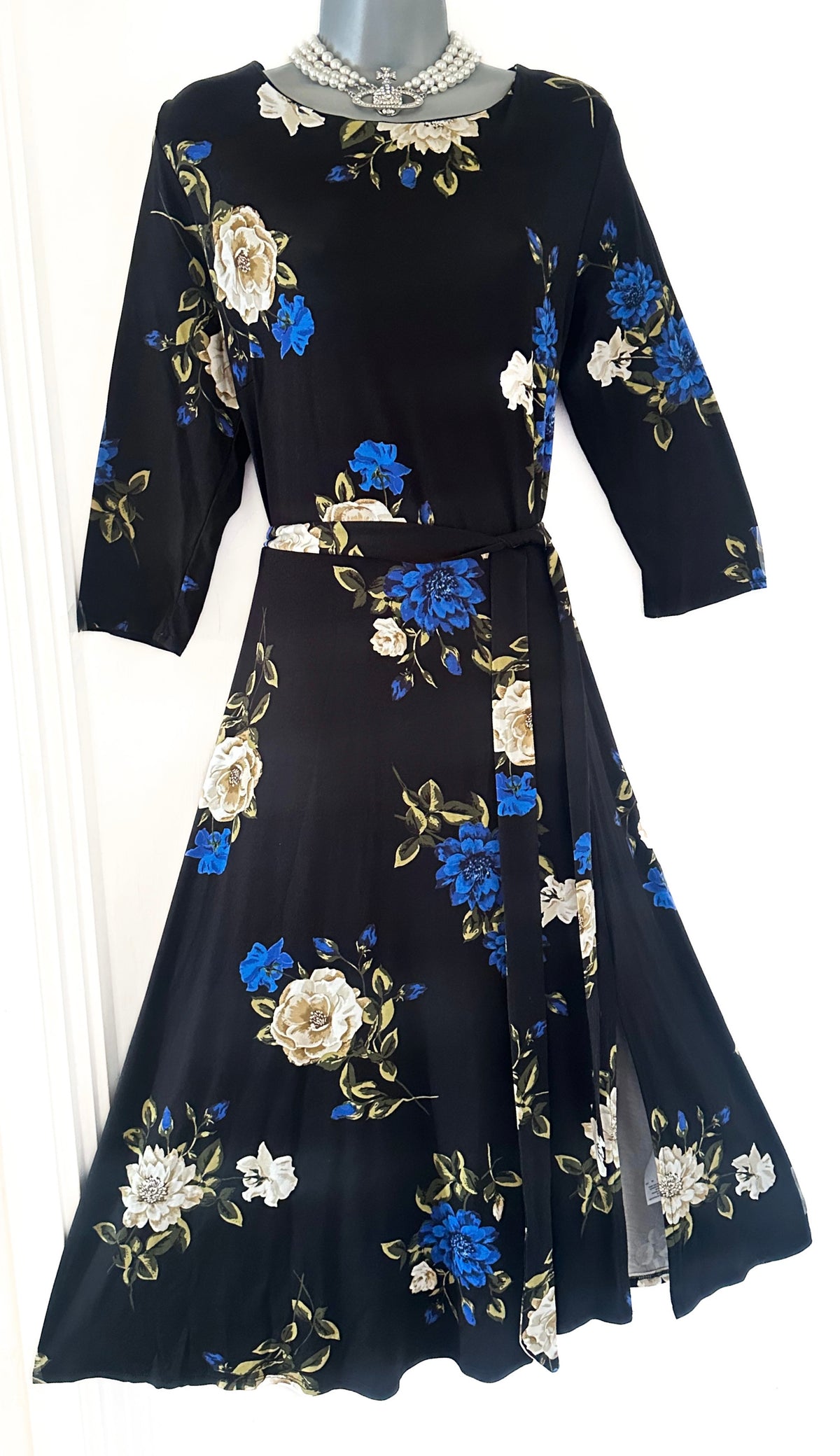 Wallis black floral belted 3/4 sleeve calf length dress size 16