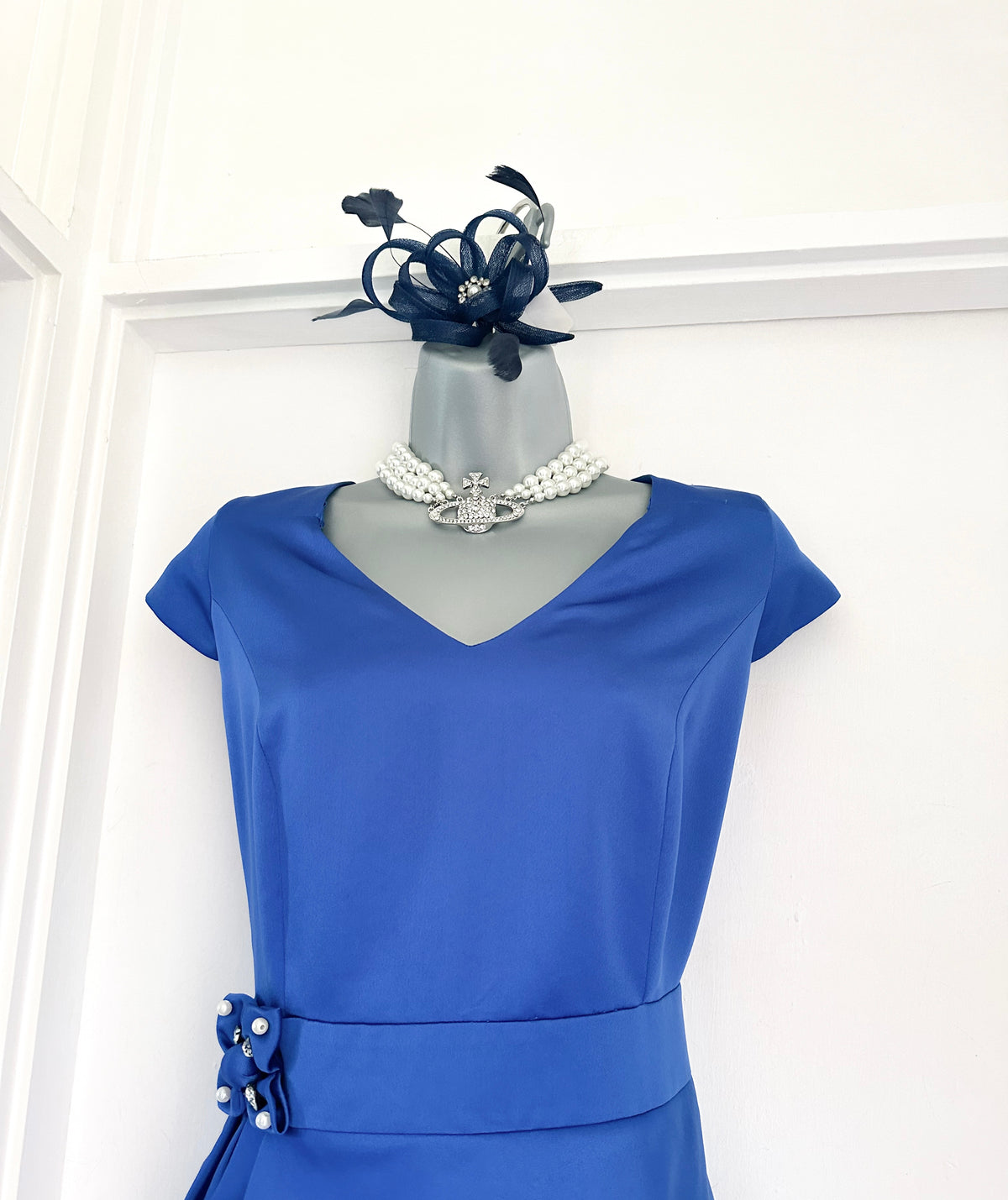Ella boo blue wedding layered/jewel bow detail cap Sleeve Knee Length Dress 14
