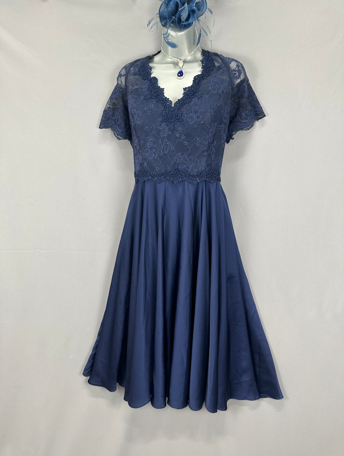 Bnwt Mascara London navy lace diamanté wedding mother of the bride/groom calf length dress 16