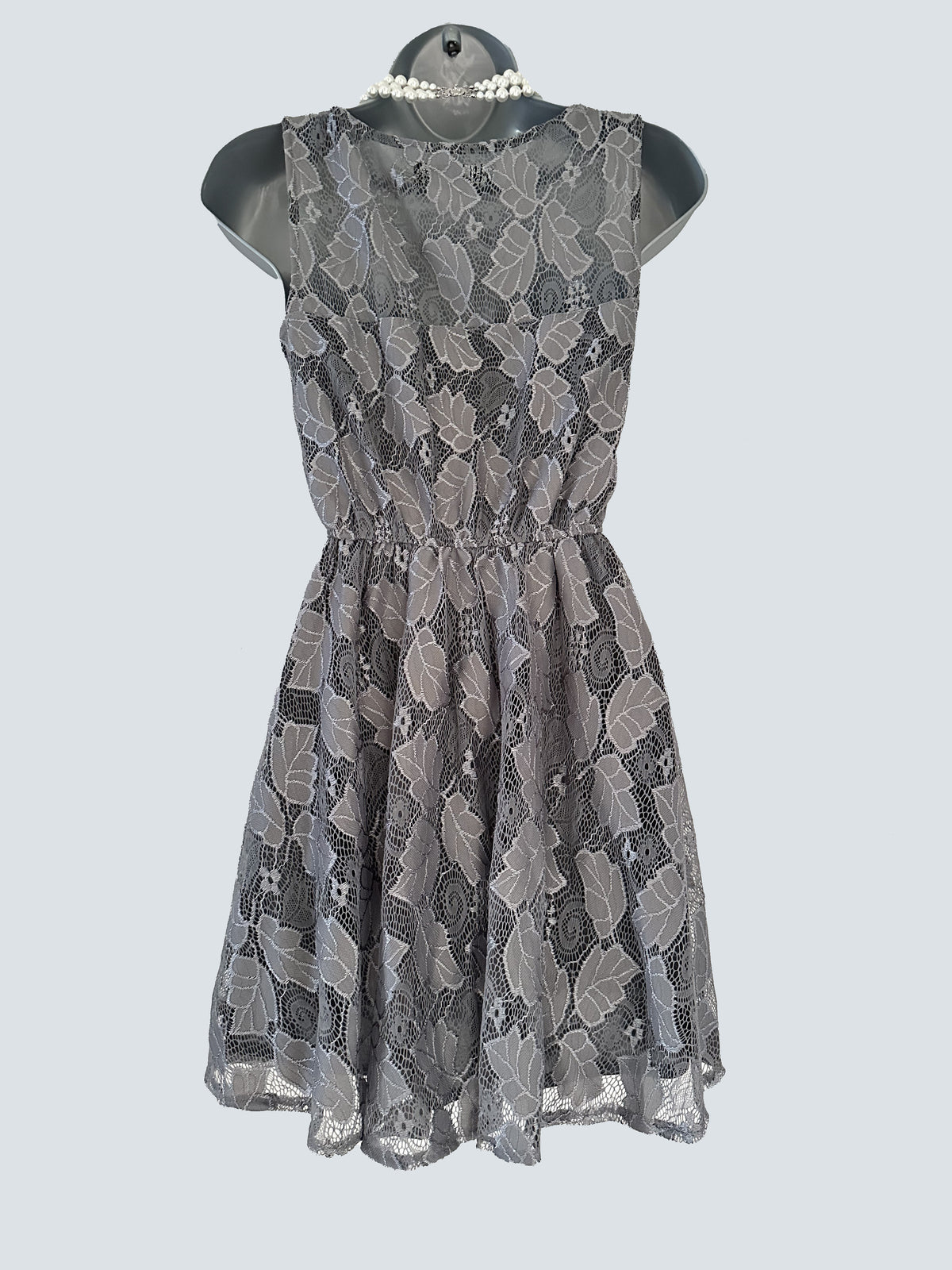 Mela London grey lace elasticated waist sleeveless a-line short occasion dress 8