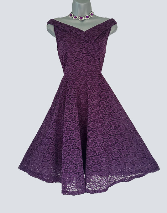 no label purple lace Bardot evening occasion a-line knee length dress M (Uk 10-12)