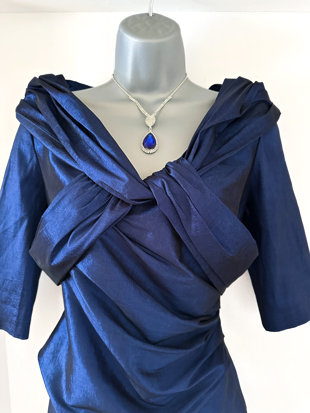 Ispirato navy shiny 3/4 sleeve fitted mother of the bride occasion midi dress size 10