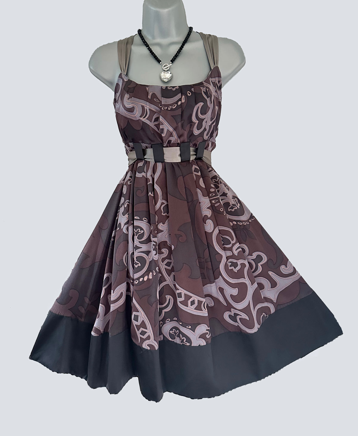 Mink Bikini 100% silk grey/brown printed belted occasion knee length dress  12