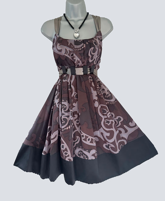 Mink Bikini 100% silk grey/brown printed belted occasion knee length dress  12