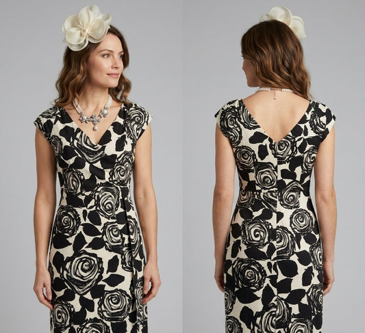 Ravishing So couture black& cream rose floral wedding races  knee length dress uk 12
