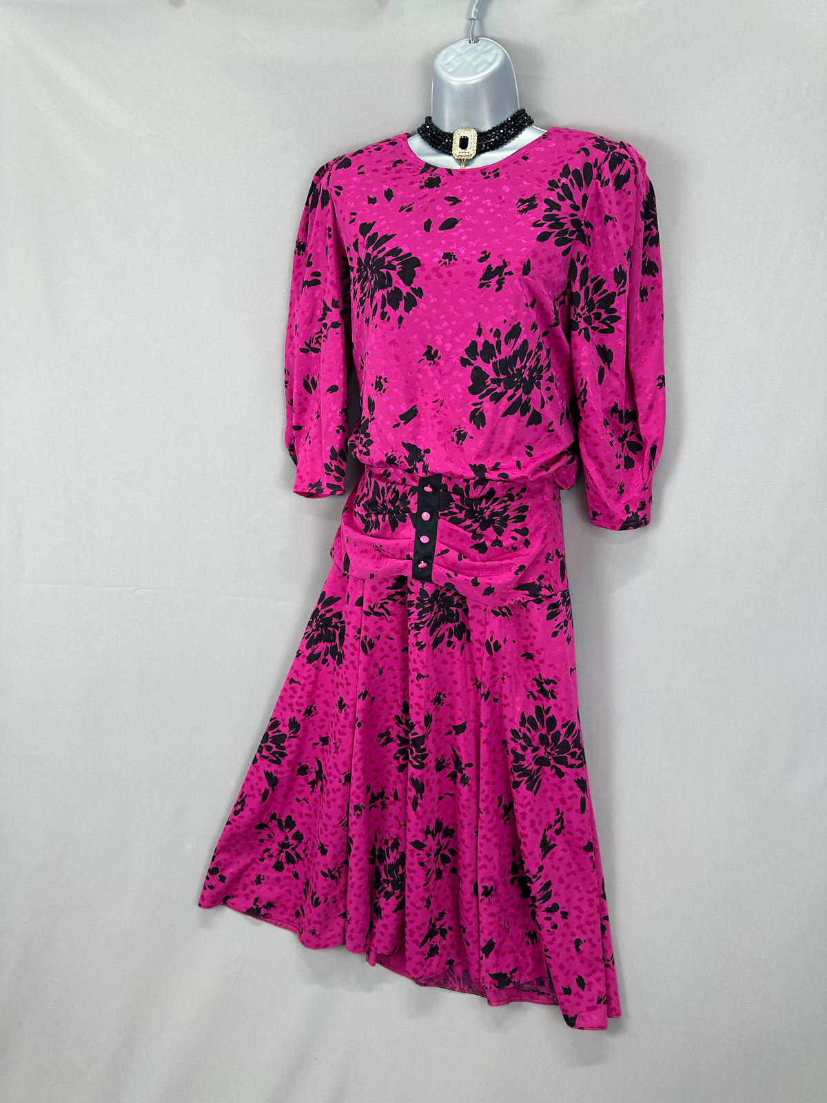Shelana vintage magenta & black floral drop waist approx late 80s formal calf length dress uk 10