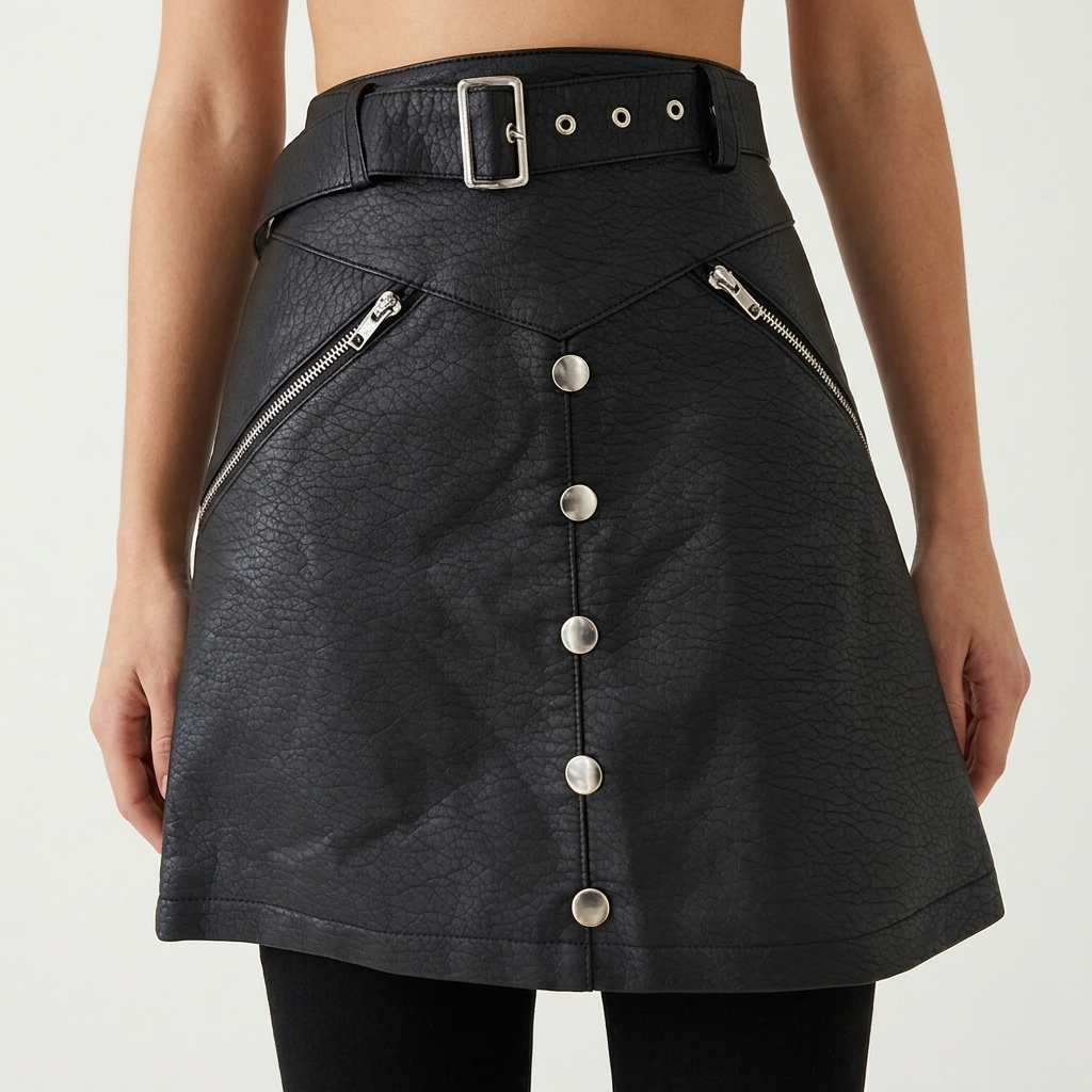 Edgy ASOS black pu leather zip detail belted autumn mini skirt uk 8