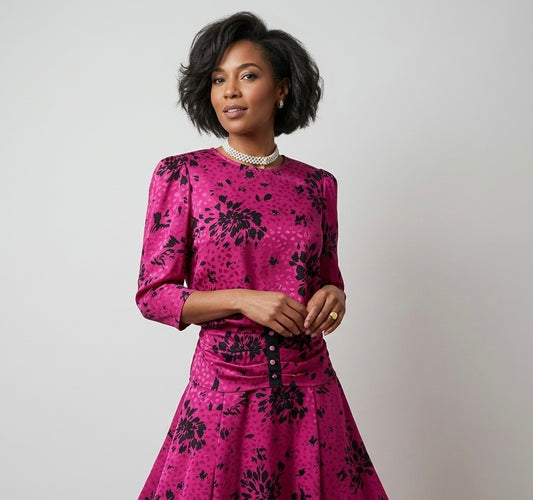 Shelana vintage magenta & black floral drop waist approx late 80s formal calf length dress uk 10