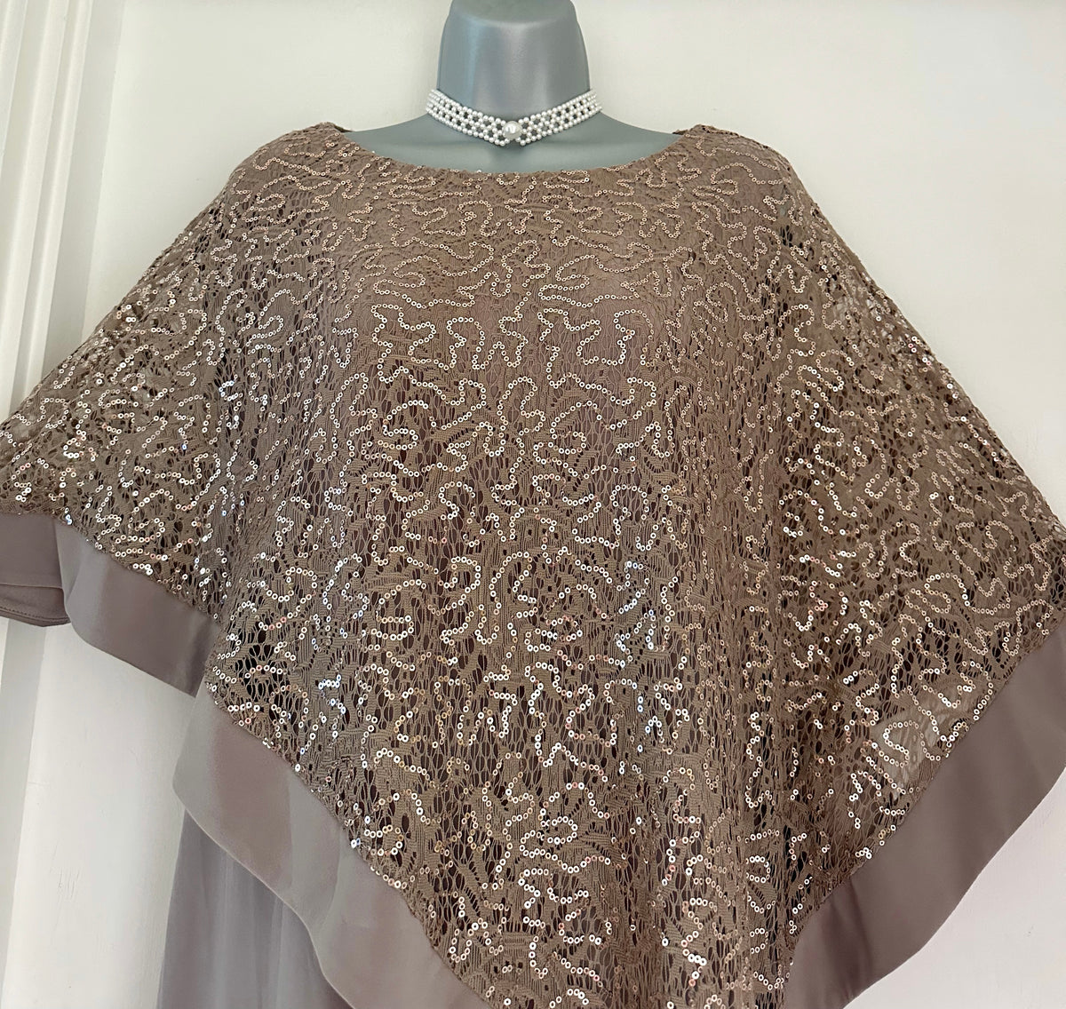 R&M Richard’s mushroom sequin cape style occasion mother of the bride knee length dress size 16