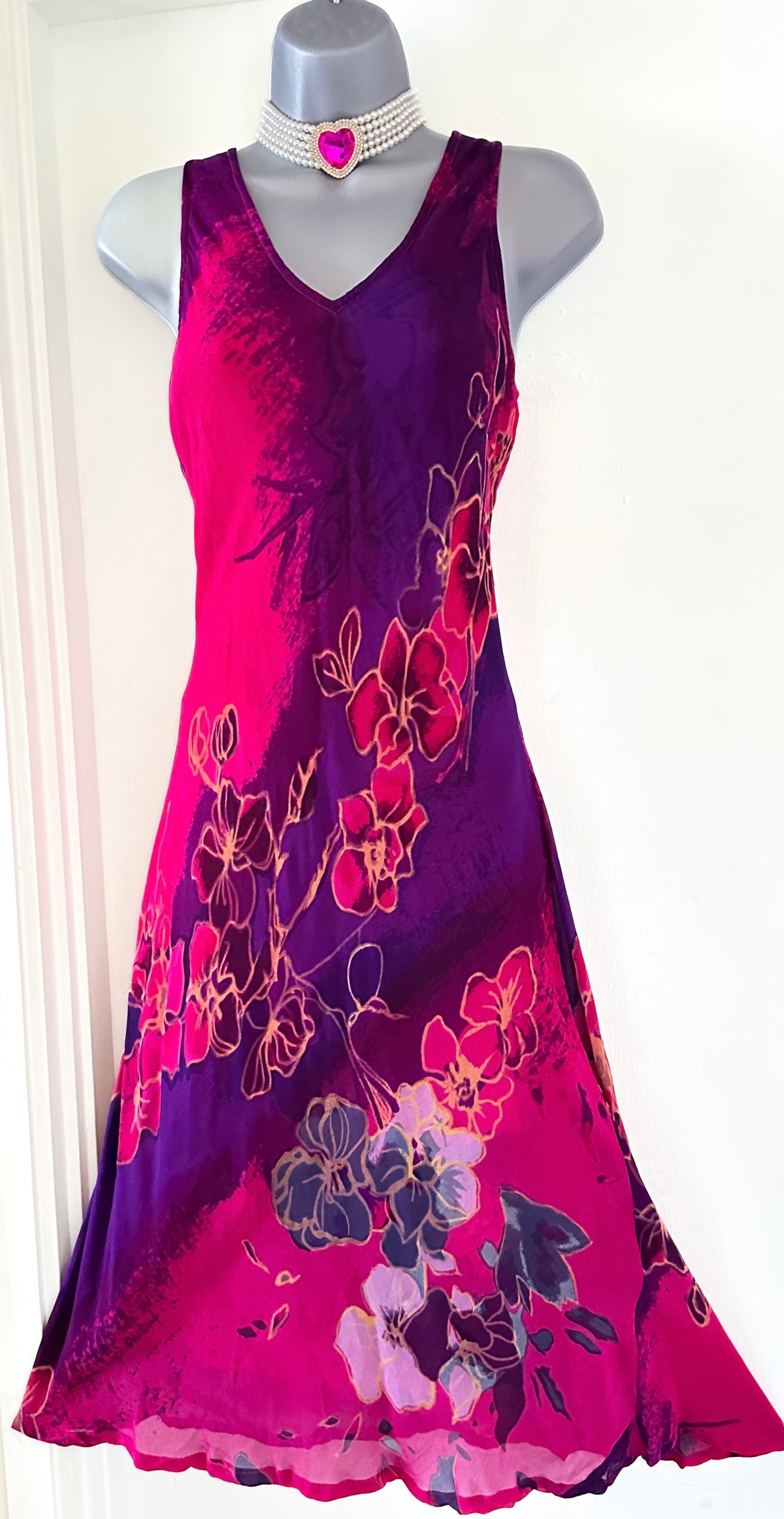 Adini pink/purple floral printed sleeveless summer boho calf length dress size M (Uk 14)