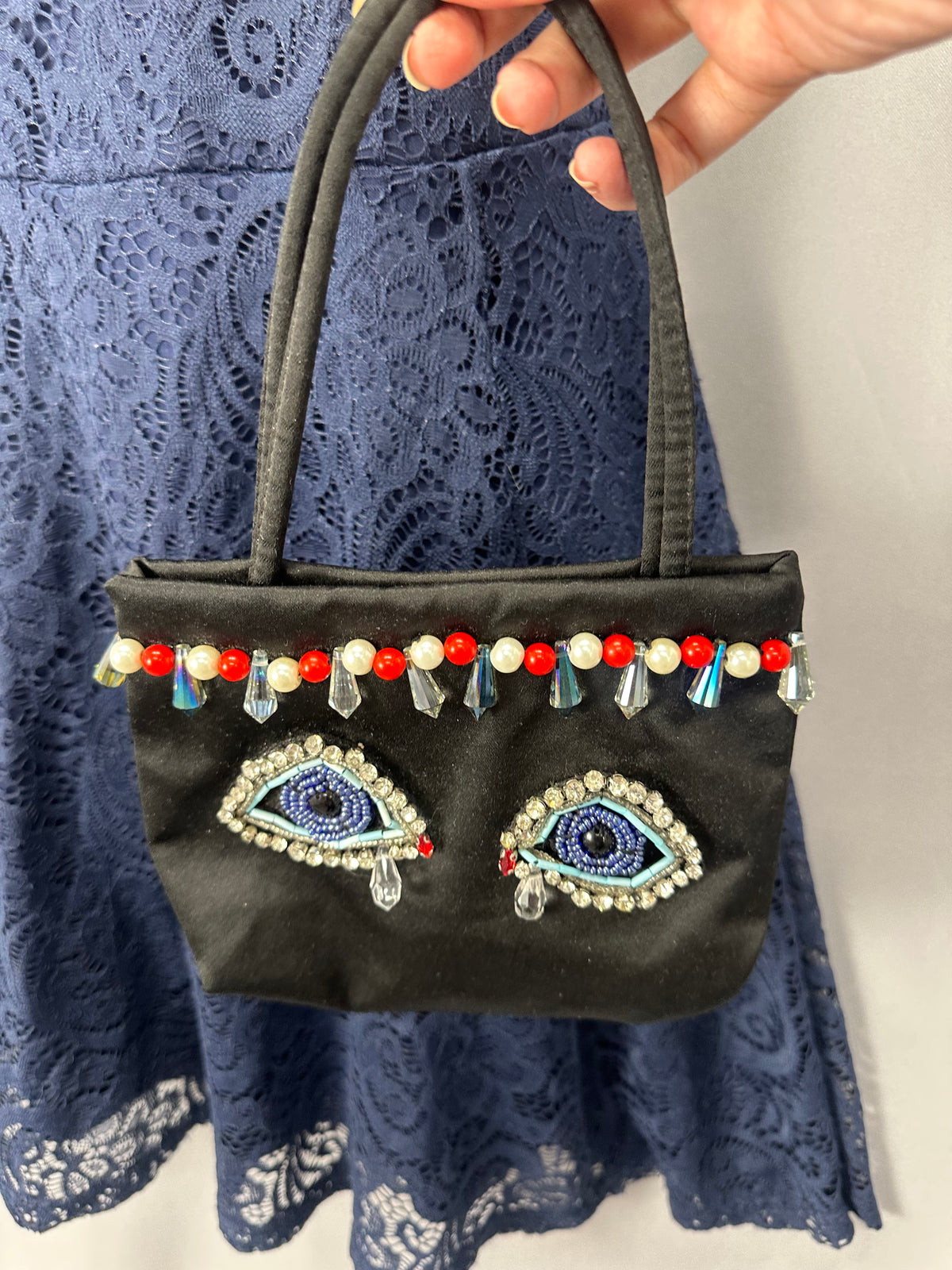 Striking new one of a kind Reworked by nicolle One of a kind beaded eye evening party black bag