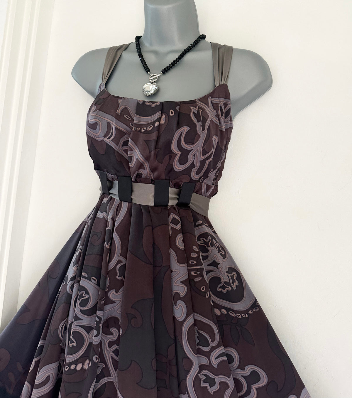 Mink Bikini 100% silk grey/brown printed belted occasion knee length dress  12