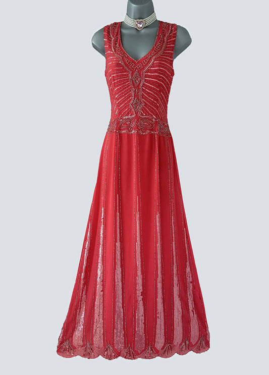 Bnwt Maya Deluxe peach beaded sequin long sleeveless evening occasion dress size 10