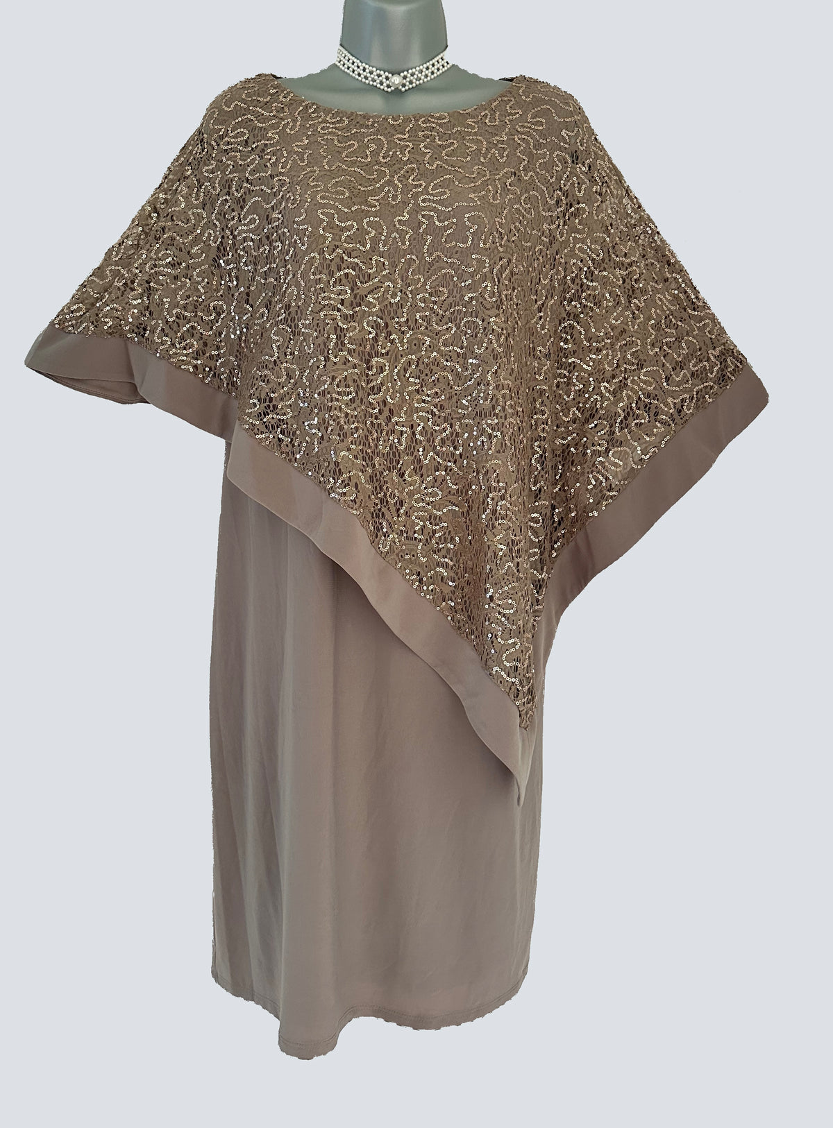 R&M Richard’s mushroom sequin cape style occasion mother of the bride knee length dress size 16