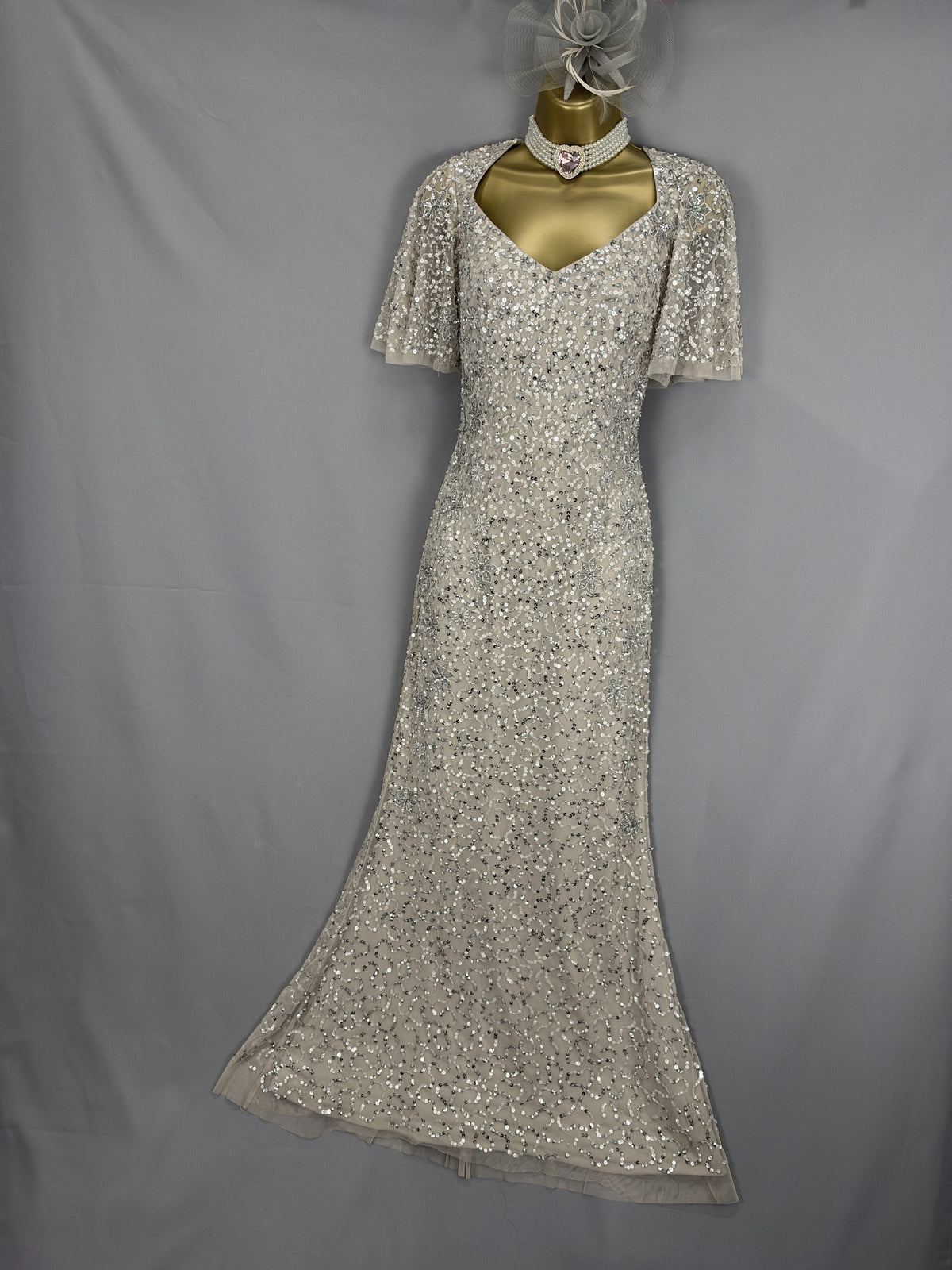 Beautiful Adrianna Papell mushroom sequin Christmas mother of the bride groom long dress uk 6-8