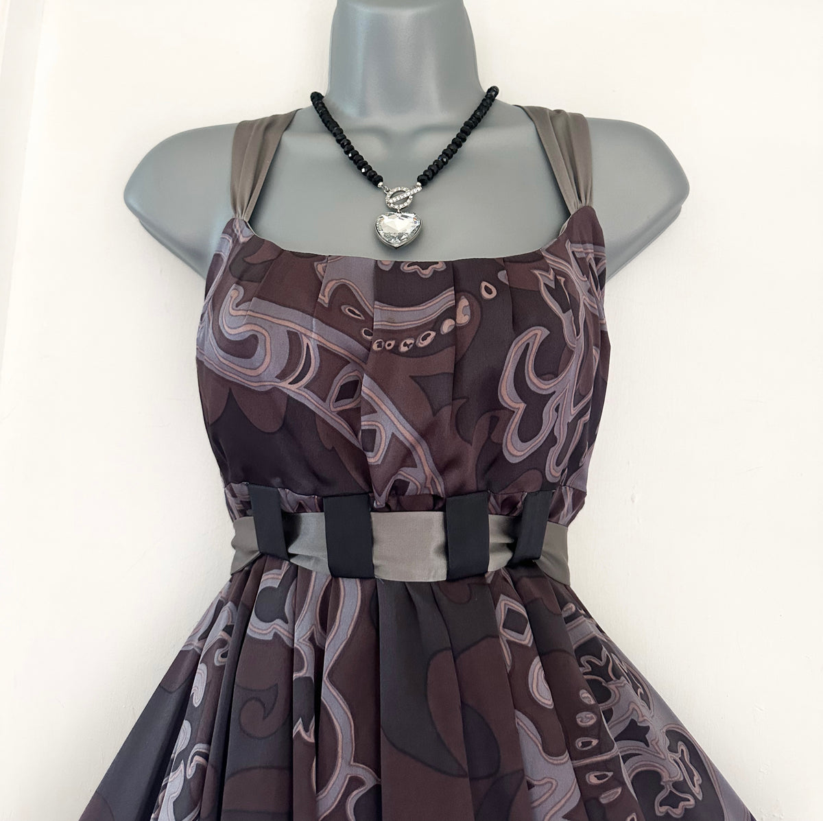 Mink Bikini 100% silk grey/brown printed belted occasion knee length dress  12