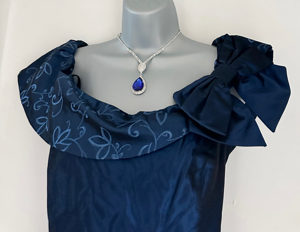 Chou Chou midnight blue embroidered/bow detail occasion long evening dress size 14