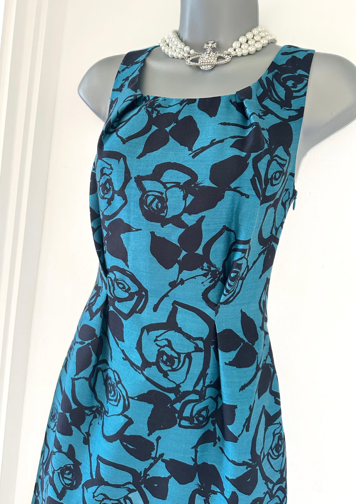LK Bennett turquoise floral wool/silk sleeveless occasion knee length dress size 10