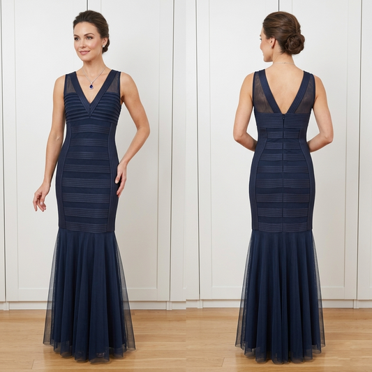 JS Collections navy v-neck evening occasion very long maxi dress size 14