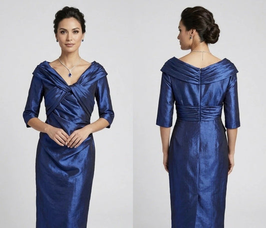 Ispirato navy shiny 3/4 sleeve fitted mother of the bride occasion midi dress size 10