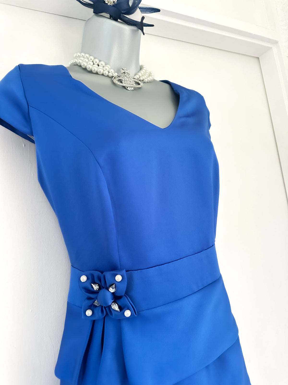 Ella boo blue wedding layered/jewel bow detail cap Sleeve Knee Length Dress 14