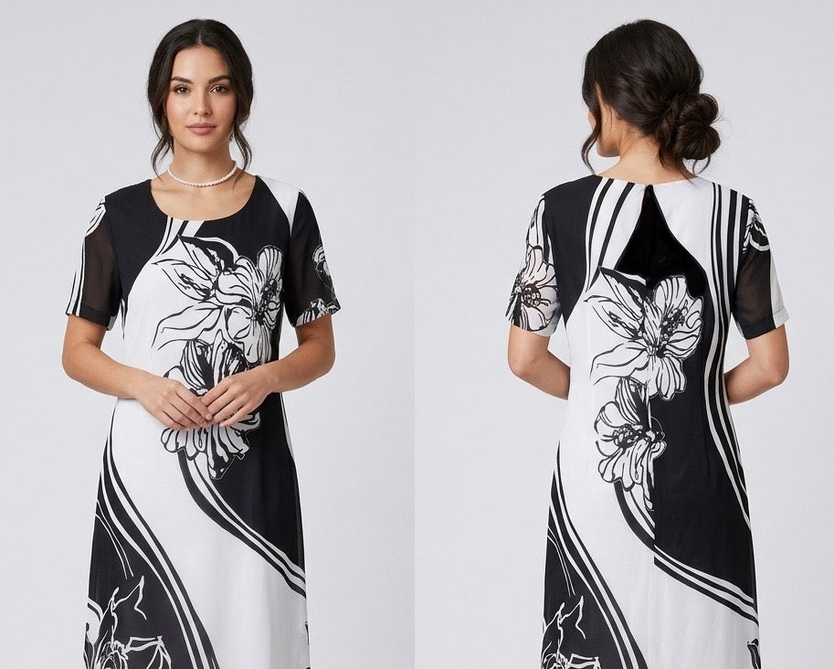Stylish Schmeinck by Weidemann Fashion black& white floral print cruise holiday  long dress uk 18