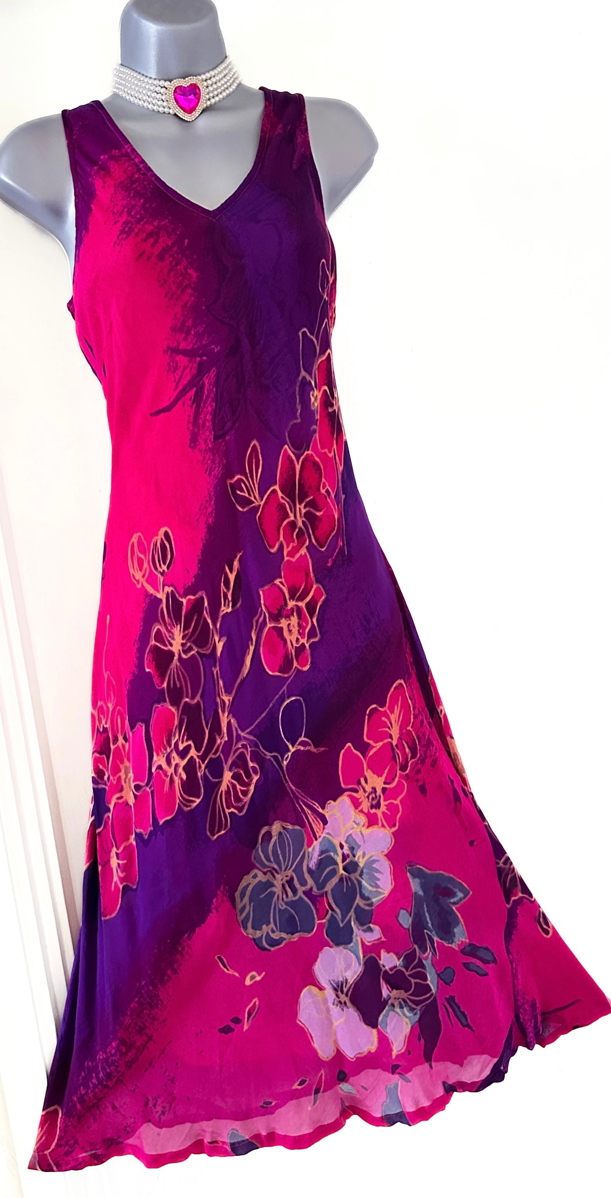 Adini pink/purple floral printed sleeveless summer boho calf length dress size M (Uk 14)
