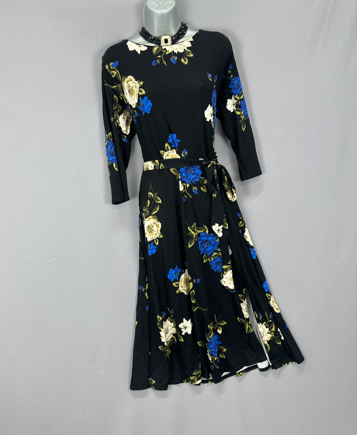 Stylish Wallis black multi floral belted autumn casual calf length dress uk 16