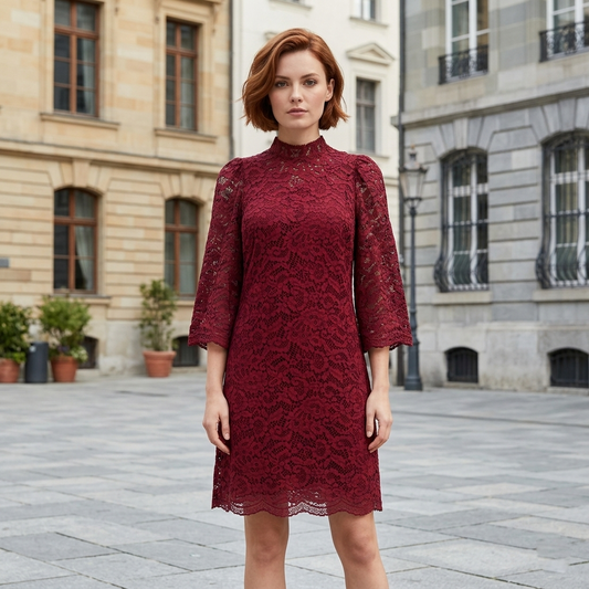 Biba dark red lace slight puff 3/4 sleeve above knee evening party dress size 10
