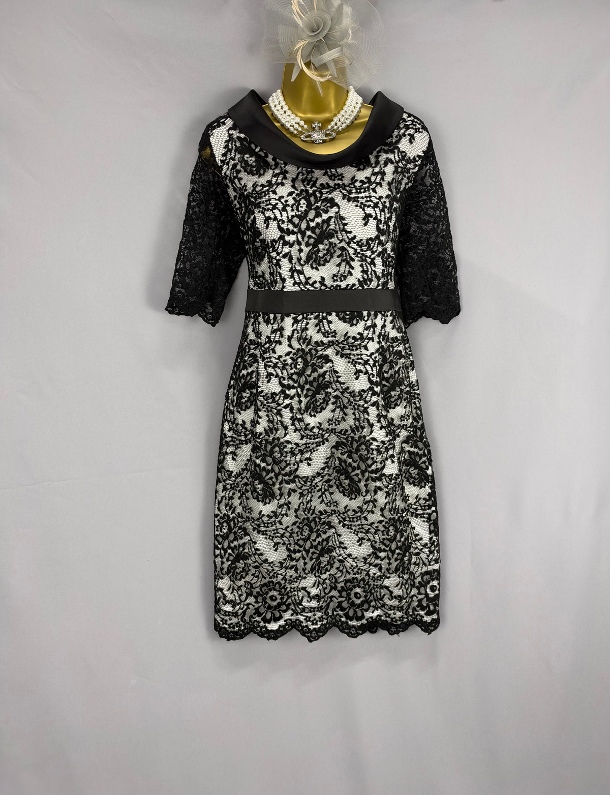 Stunning Izabella black & white lace cowl neck mother of the bride/groom wedding guest  dress uk 12