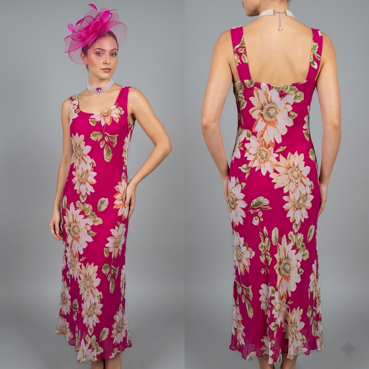 Satsuma London pink floral multi sleeveless summer holiday long maxi dress size 10