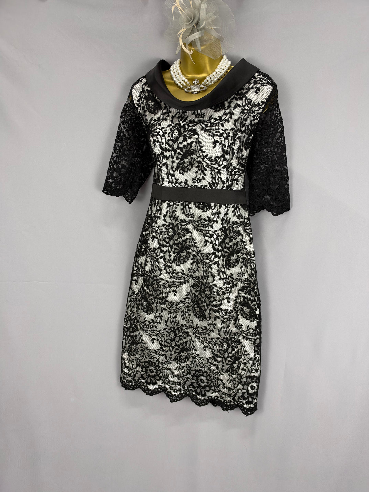 Stunning Izabella black & white lace cowl neck mother of the bride/groom wedding guest  dress uk 12