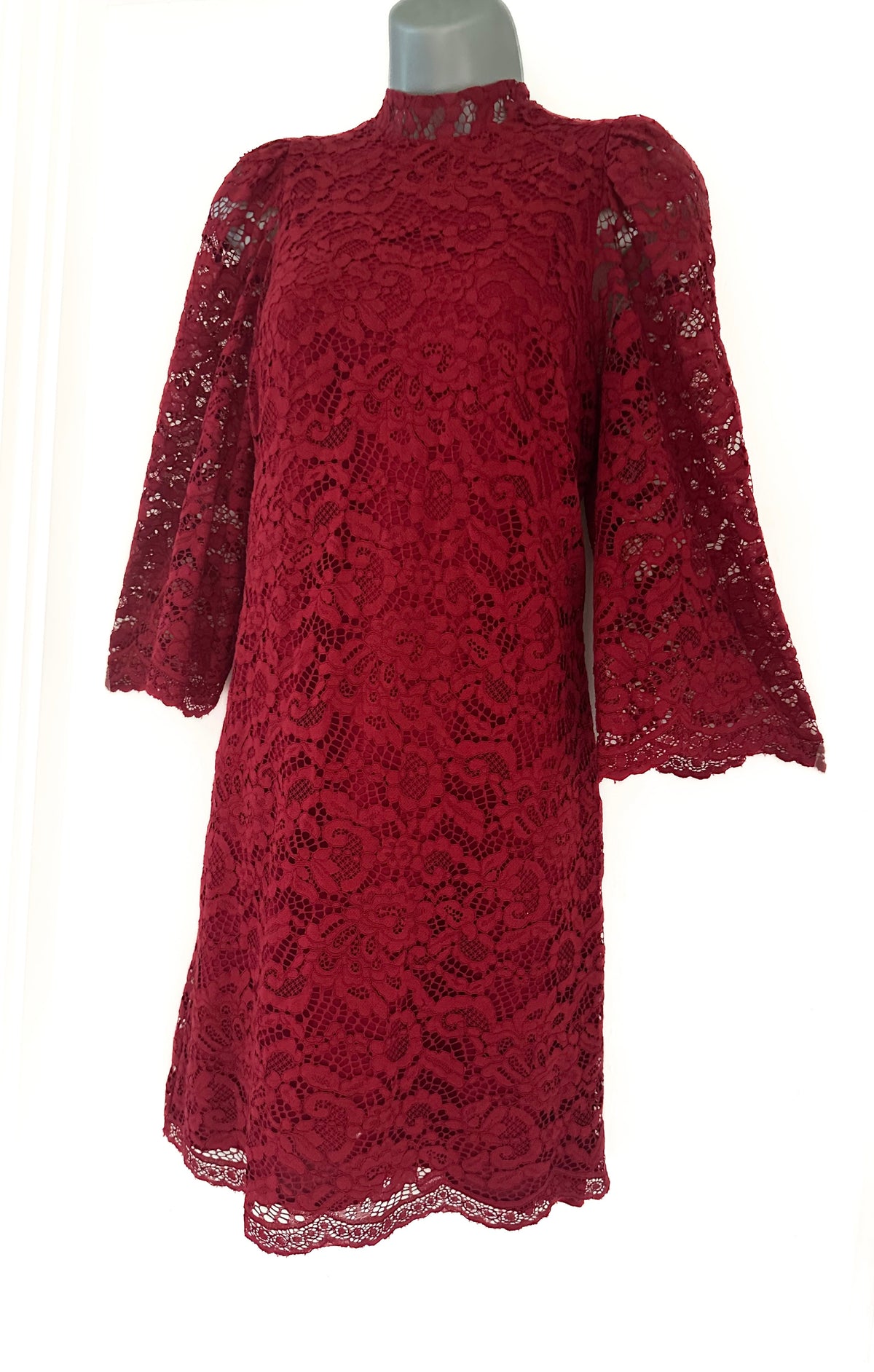 Biba dark red lace slight puff 3/4 sleeve above knee evening party dress size 10