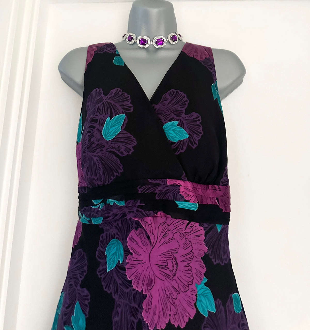 Rocha John Rocha Debenhams 56%silk black multi floral occasion over the knee dress 16